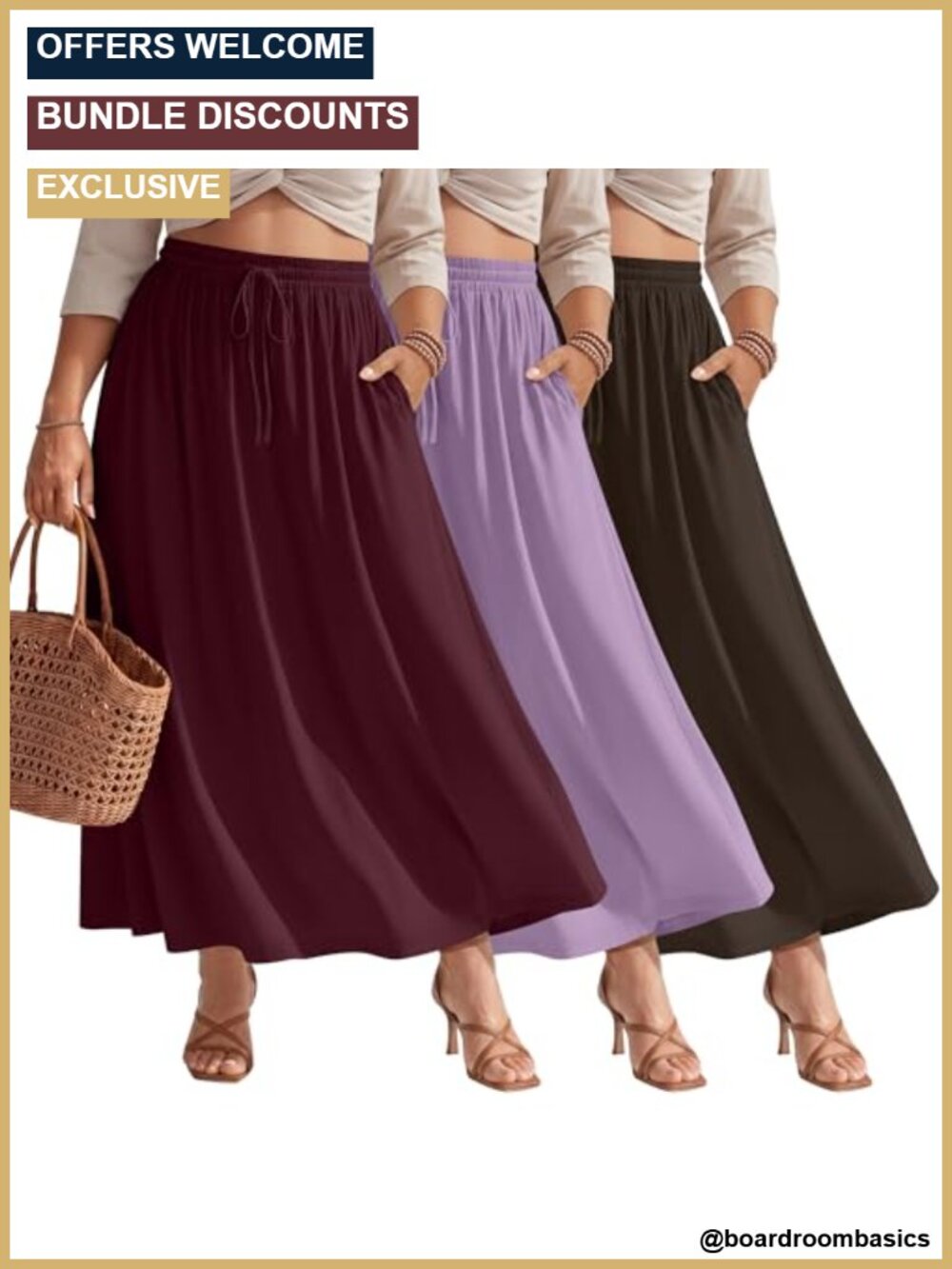 3 Pack Plus Size Maxi Skirts with Pockets Flowy A-Line